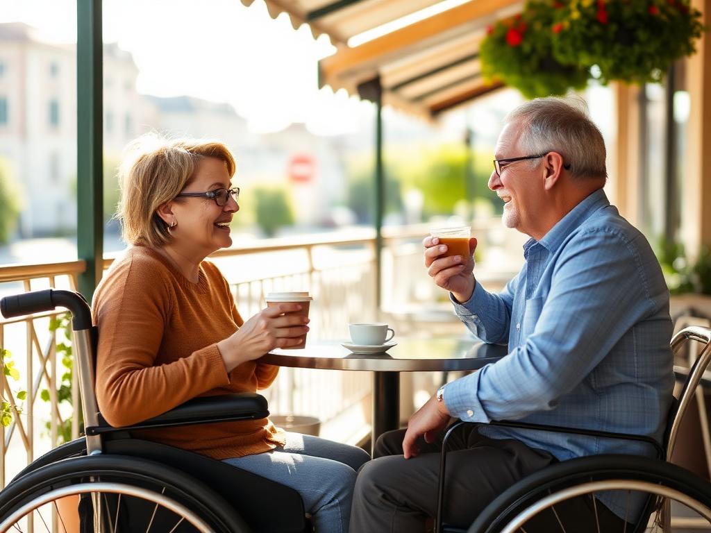 Zwei Menschen trinken Kaffee auf einer sonnigen Café-Terrasse