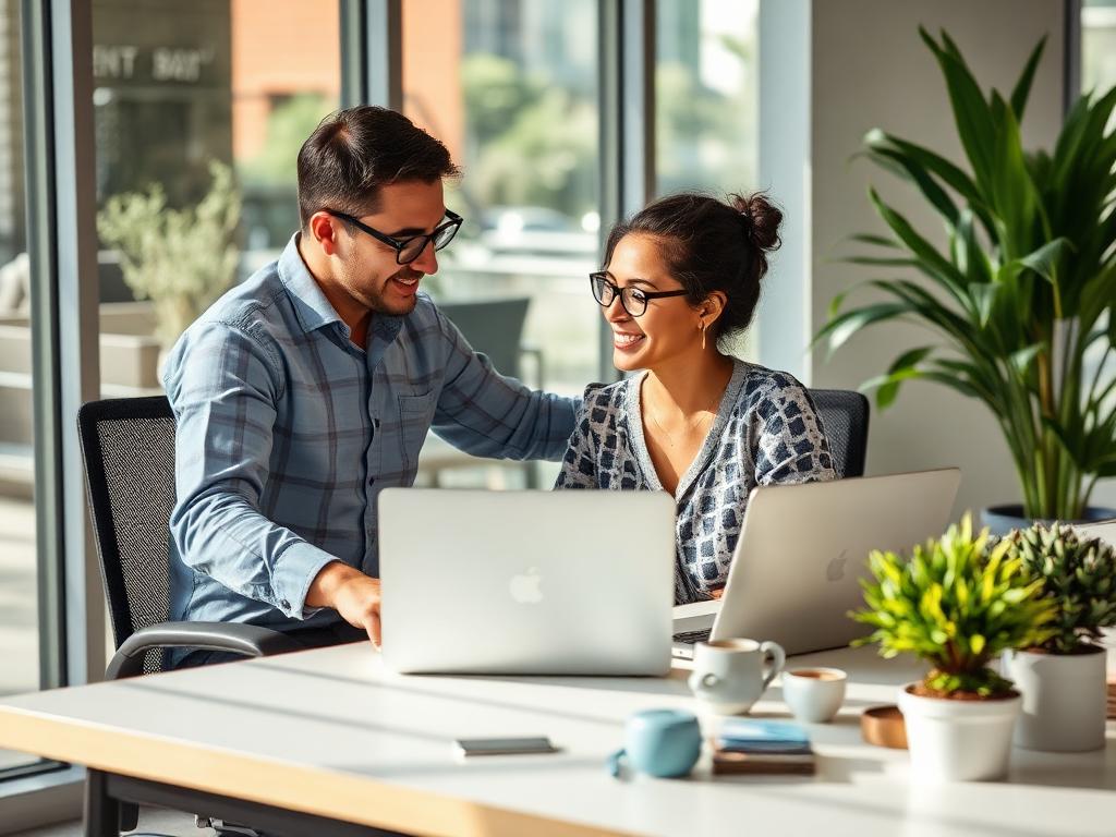 Zwei Kolleg:innen arbeiten gemeinsam am Laptop in einem hellen Büro